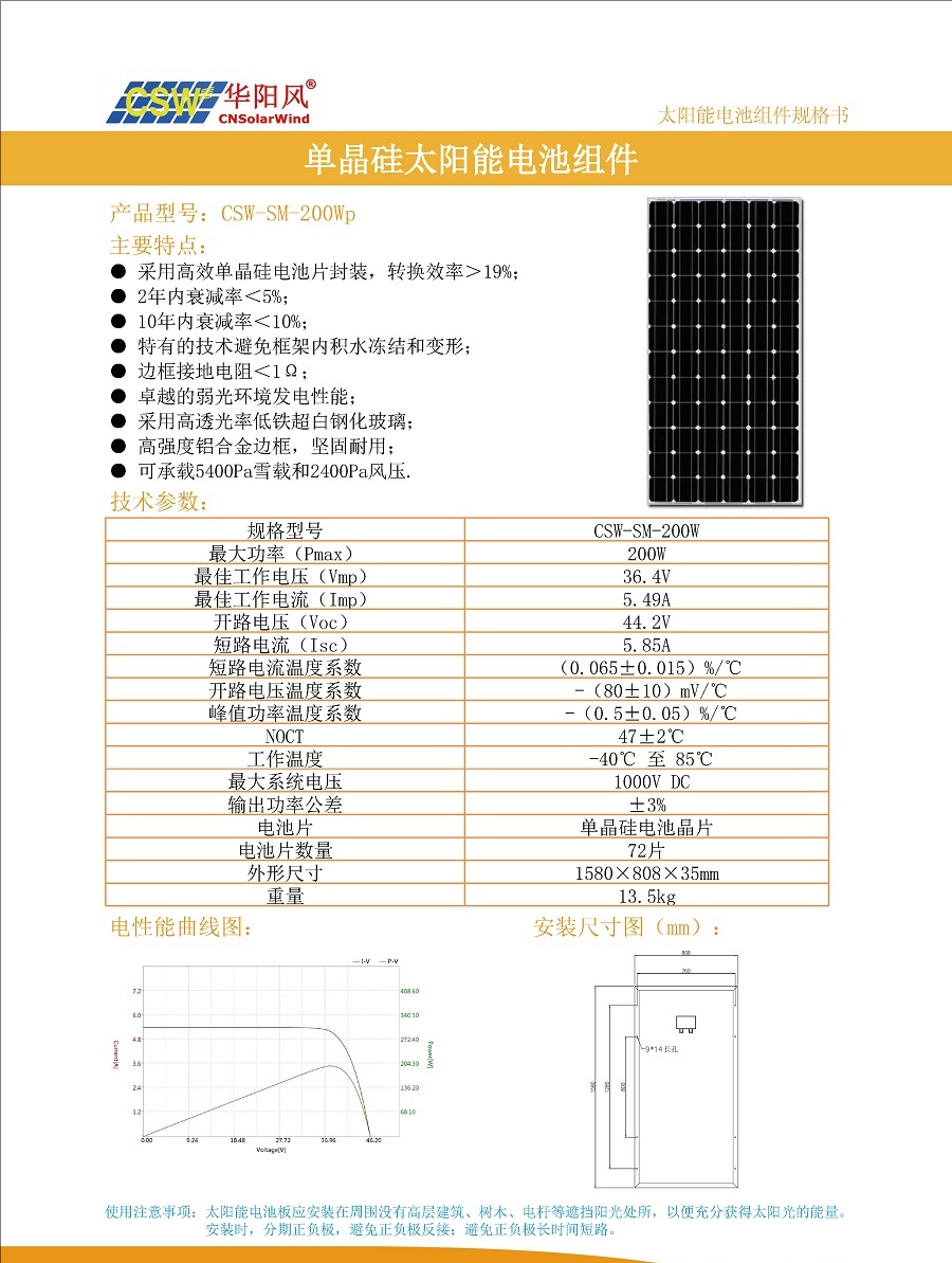 CSW-SM-200Wp 单晶硅太阳能电池板